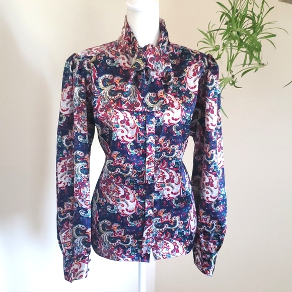 VTG Oscar de la Renta Expressions Ascot Collar Floral/Paisley Blouse Size 10